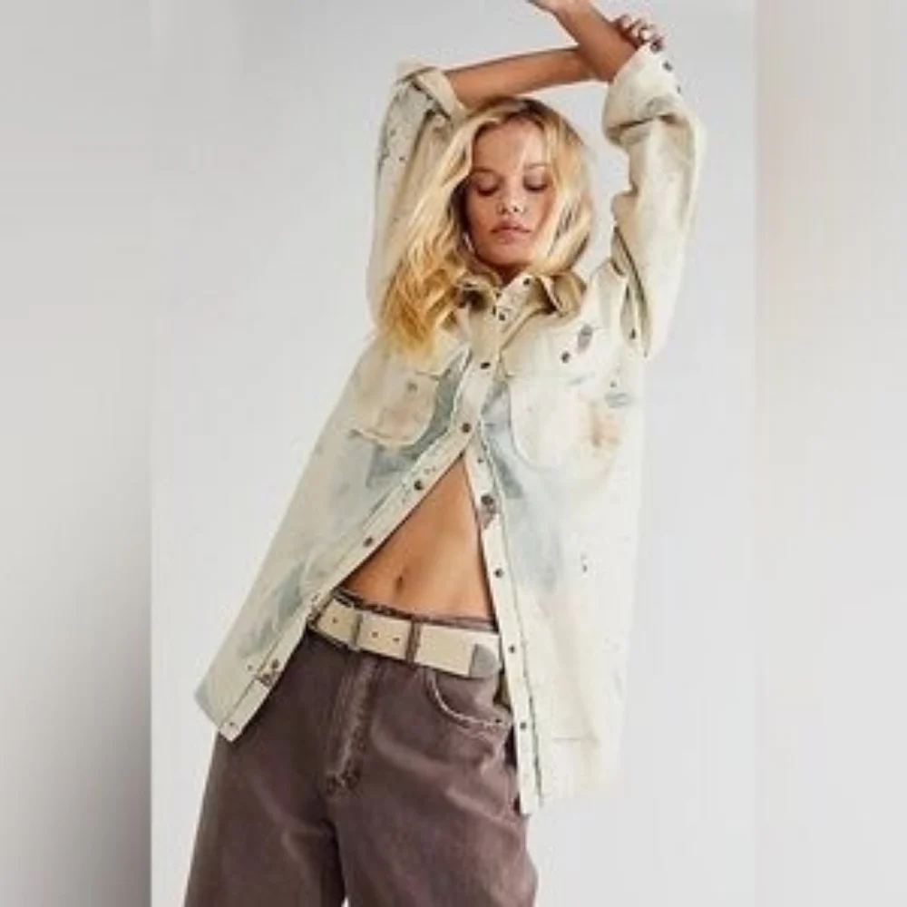 Free People Sunshine Fields Buttondown Top Splatter Denim Jacket Size S